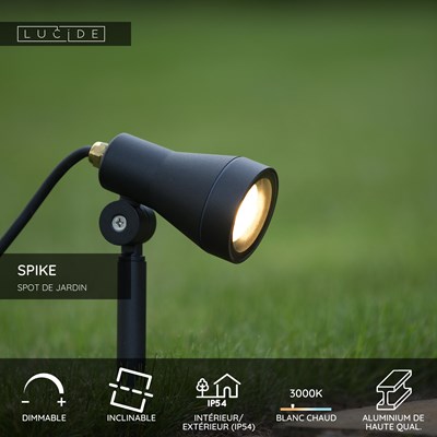 Lucide SPIKE - Spot de jardin - Ø 6,5 cm - LED Dim. - GU10 - 1x5W 3000K - IP54 - Noir